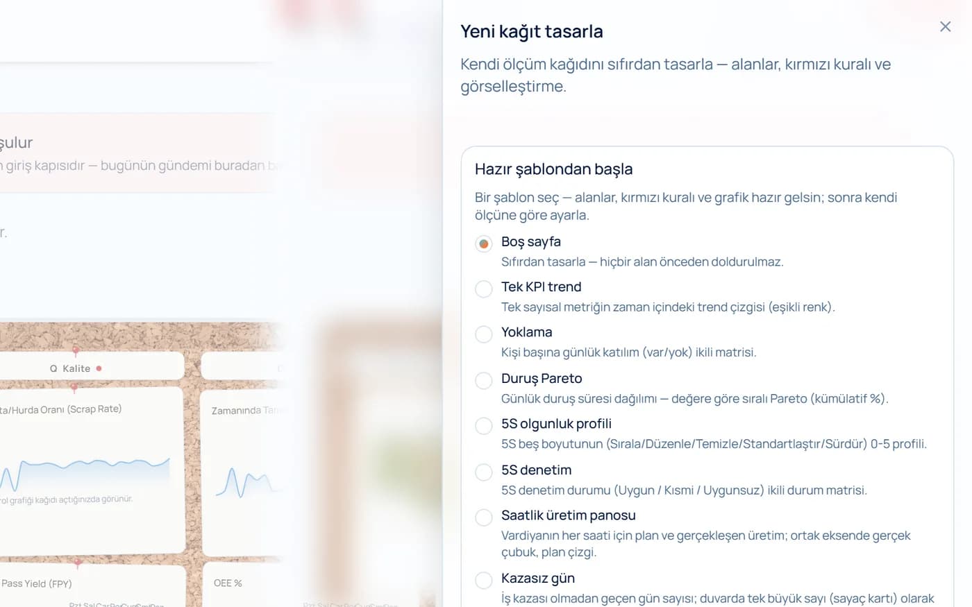 Kâğıt tasarımcısı: “Hazır şablondan başla” listesi; boş sayfa, tek KPI trend, yoklama, duruş Pareto ve diğer şablonlar.